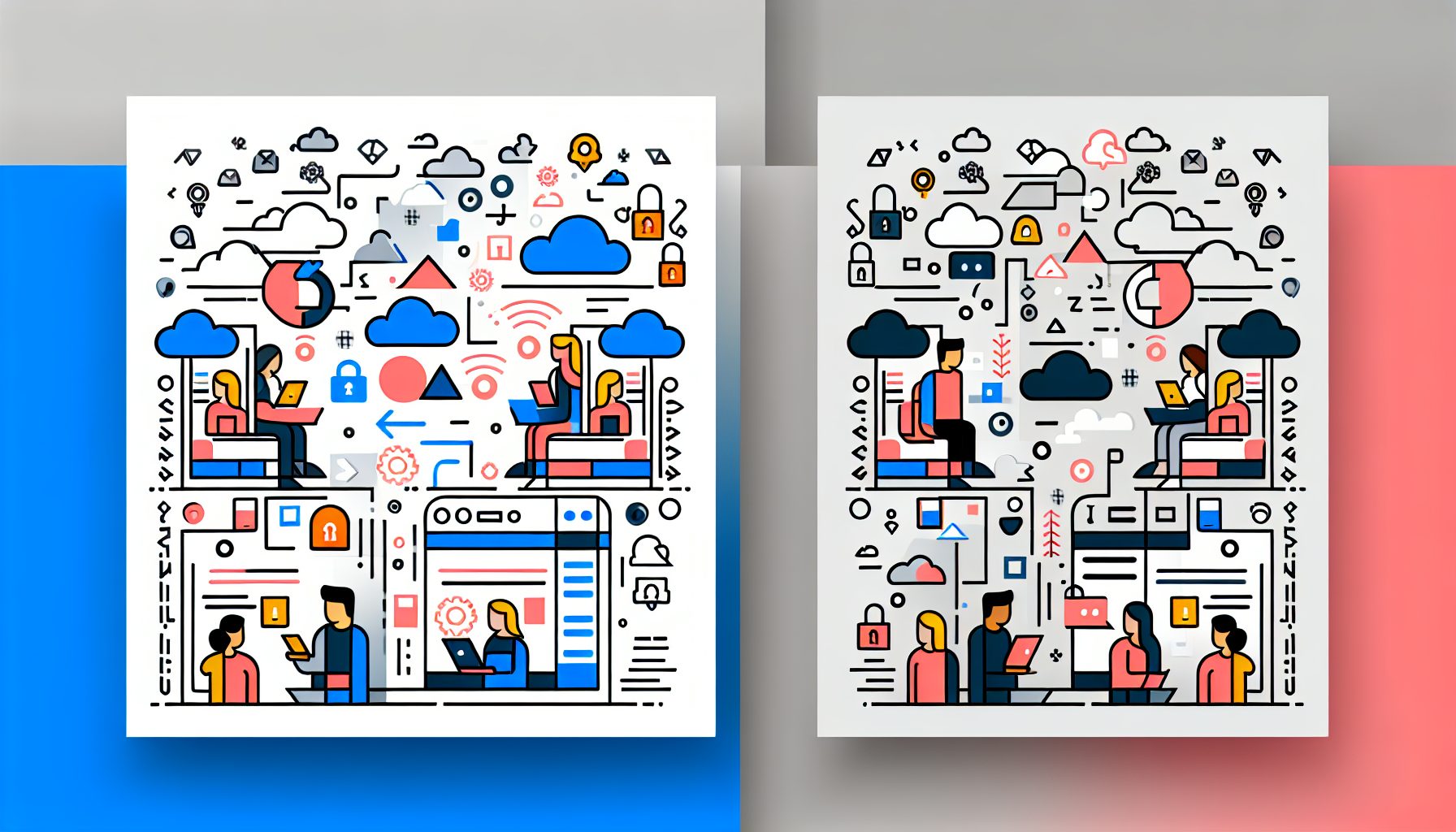 Minimalist illustration of a SaaS app with online and offline user interactions.