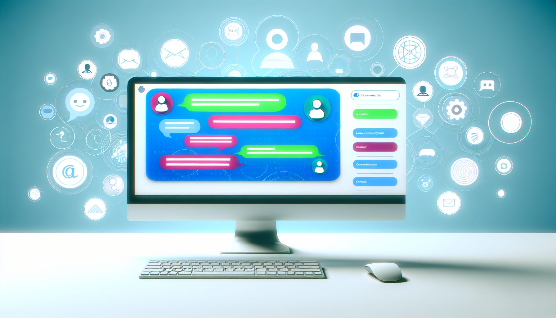 Minimalist vector of a web app with a smart chatbot and user interactions on a modern desk.