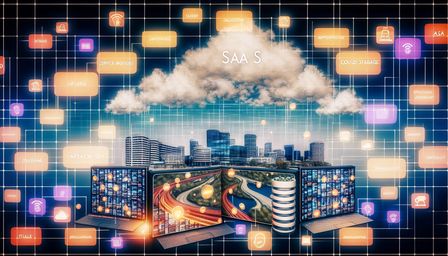 Futuristic SaaS interface on devices, showcasing seamless connectivity and user experience.