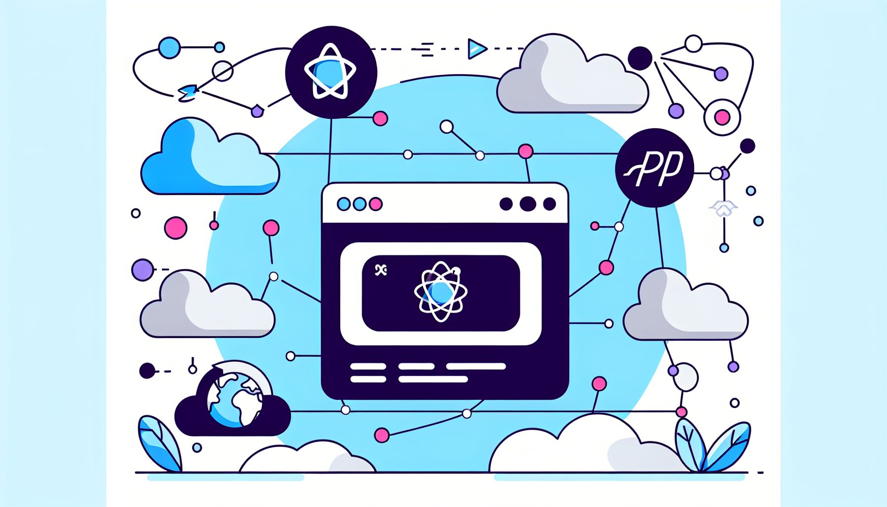Minimalist illustration of PWAs with app icons, React, Node.js, and cloud elements in vibrant colors.