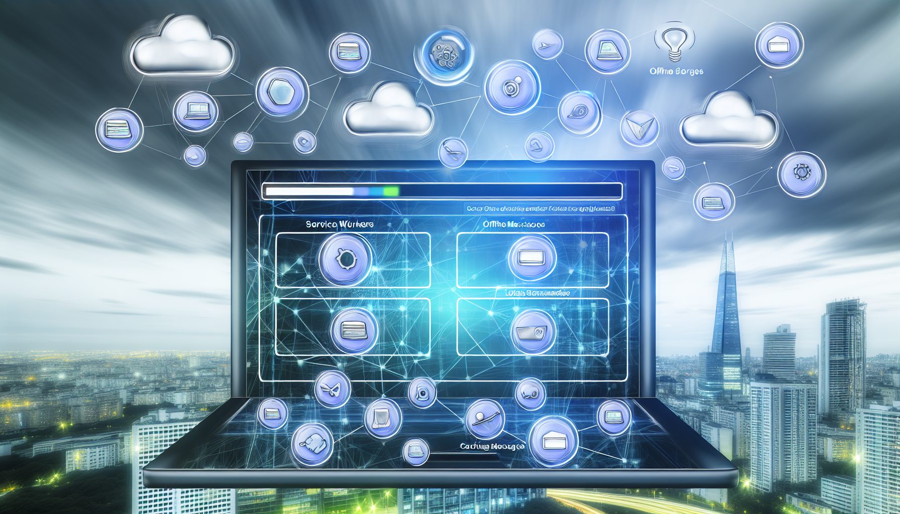 Modern SaaS dashboard on a laptop, showcasing Offline-First app features against a city skyline.