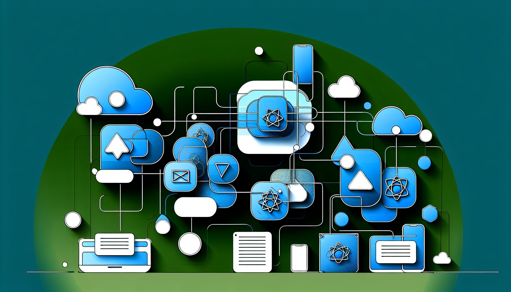 Minimalist vector illustration of a scalable SaaS web app with React and Node.js icons.