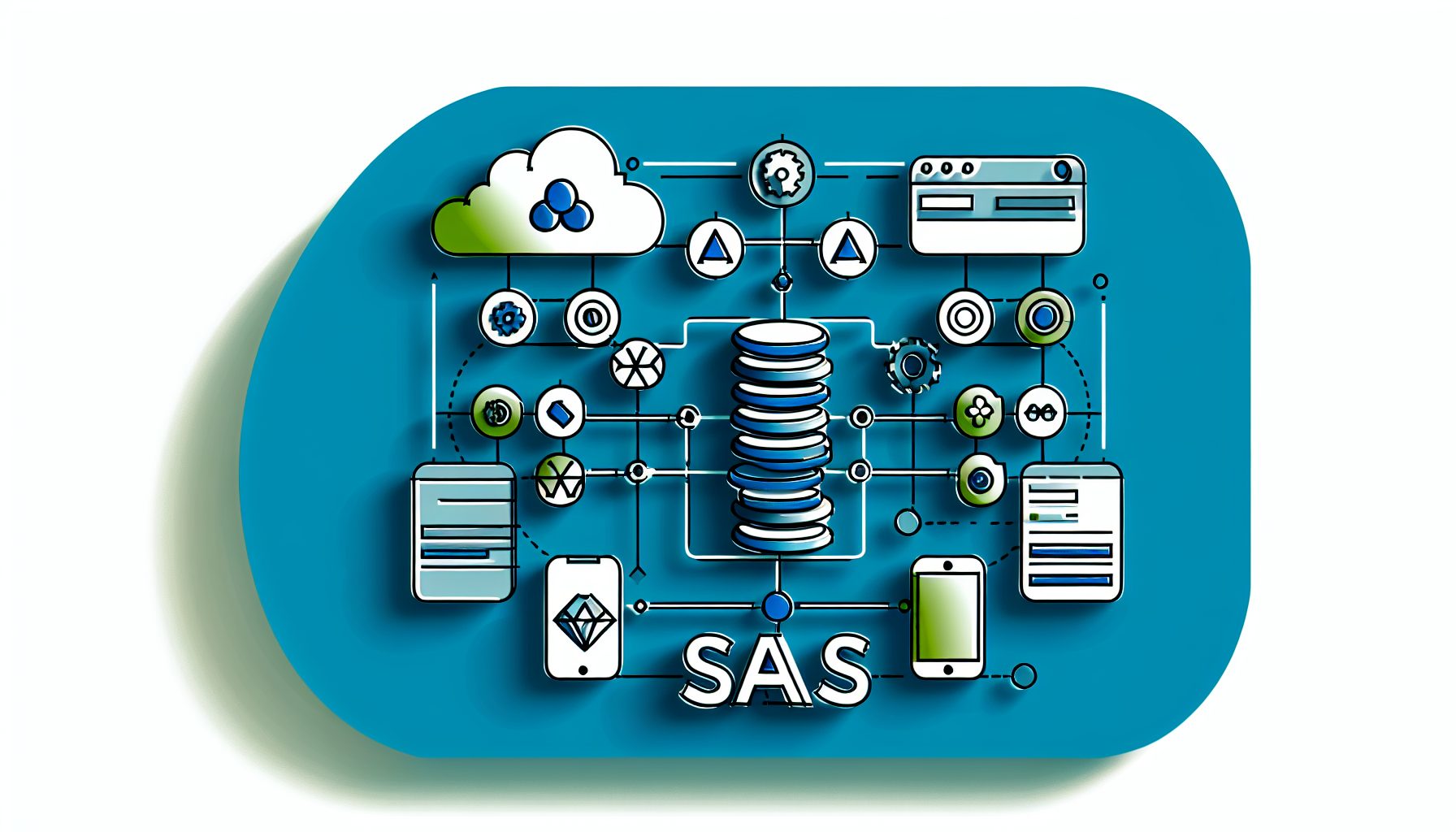 Minimalist illustration of scalable SaaS architecture with React, Node.js, and API icons.