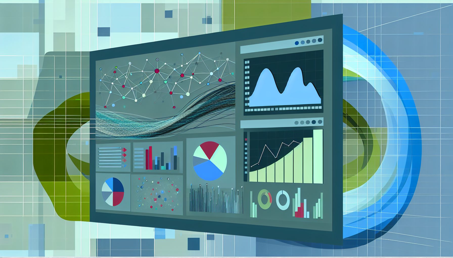 Minimalist SaaS analytics dashboard with vibrant data visualizations and digital patterns.