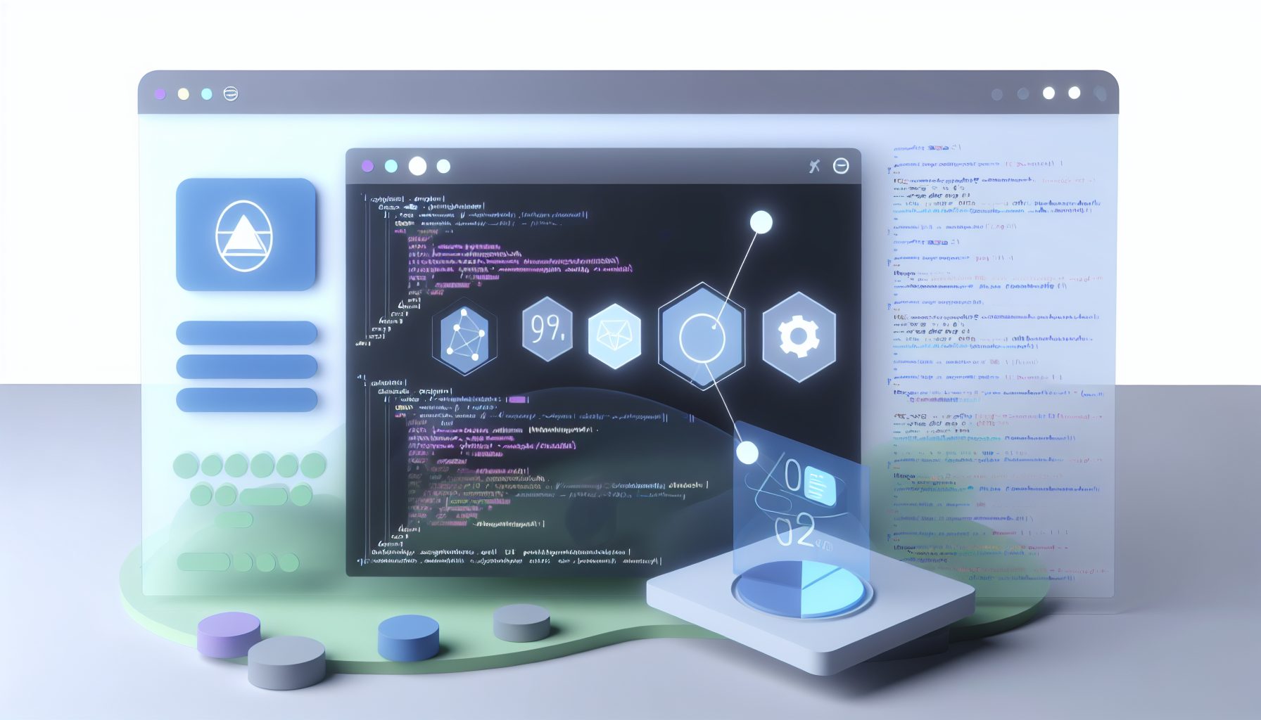 Minimalist SaaS dashboard illustration with graphs and API icons in soft blues and greens.
