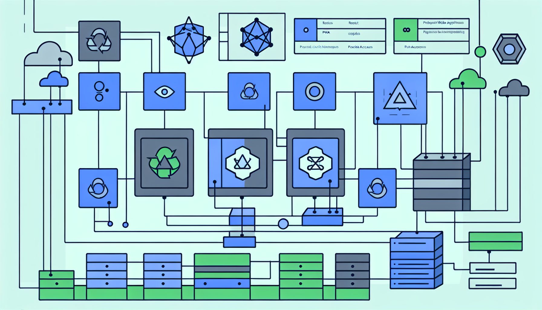 Minimalist SaaS architecture with APIs, React, Node.js, PWA elements, in blue and green tones.