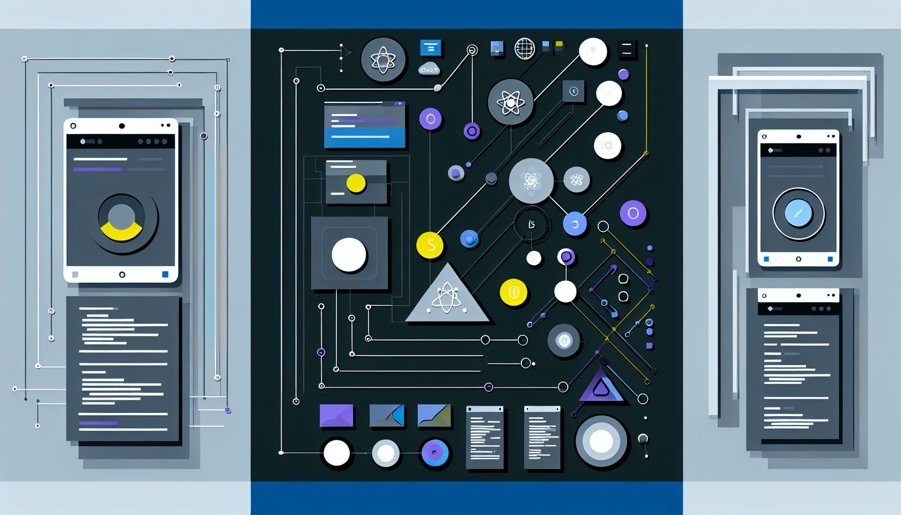Minimalist vector of web app architecture with React frontend, Node.js API, and user experience elements.