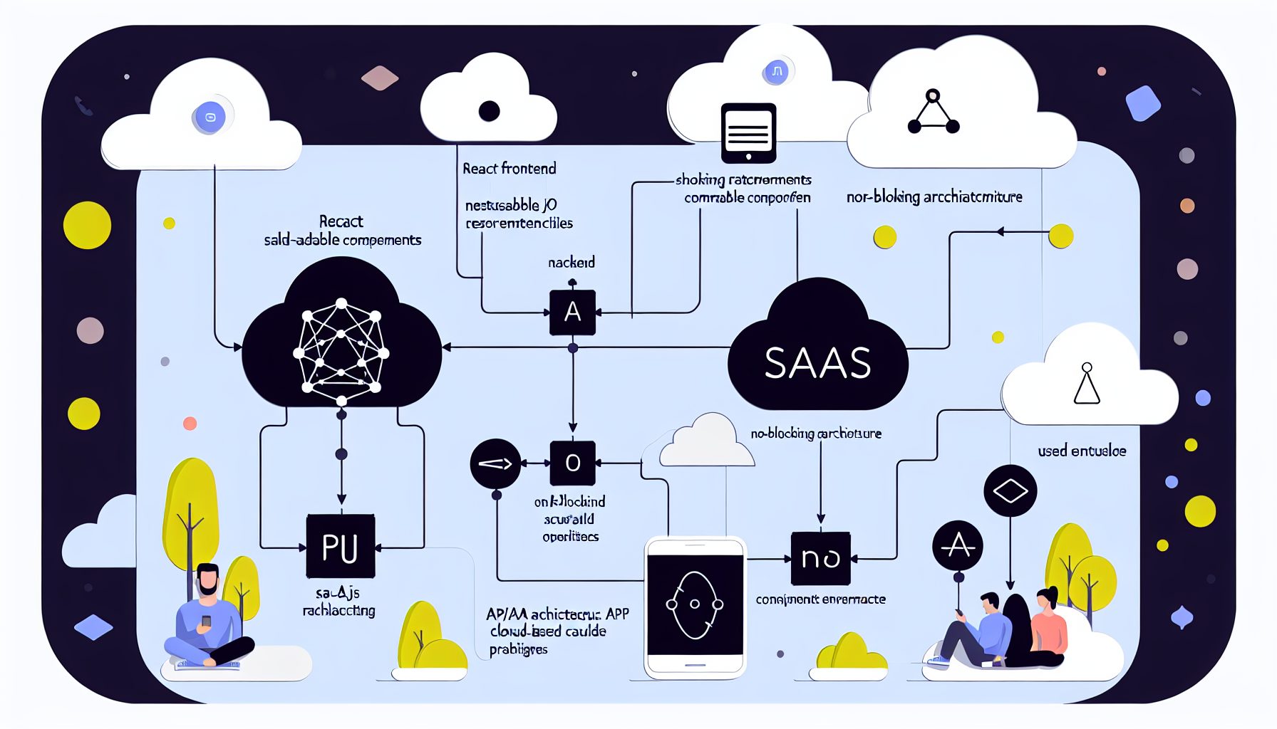 Minimalist vector of a scalable SaaS app architecture with React, Node.js, and PWA user engagement.