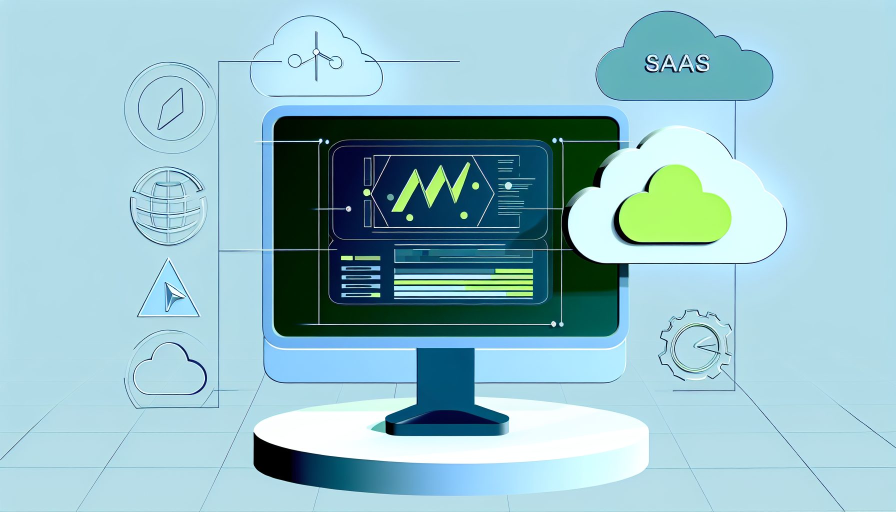 Modern SaaS dashboard interface on a screen, showcasing real-time analytics and cloud elements.