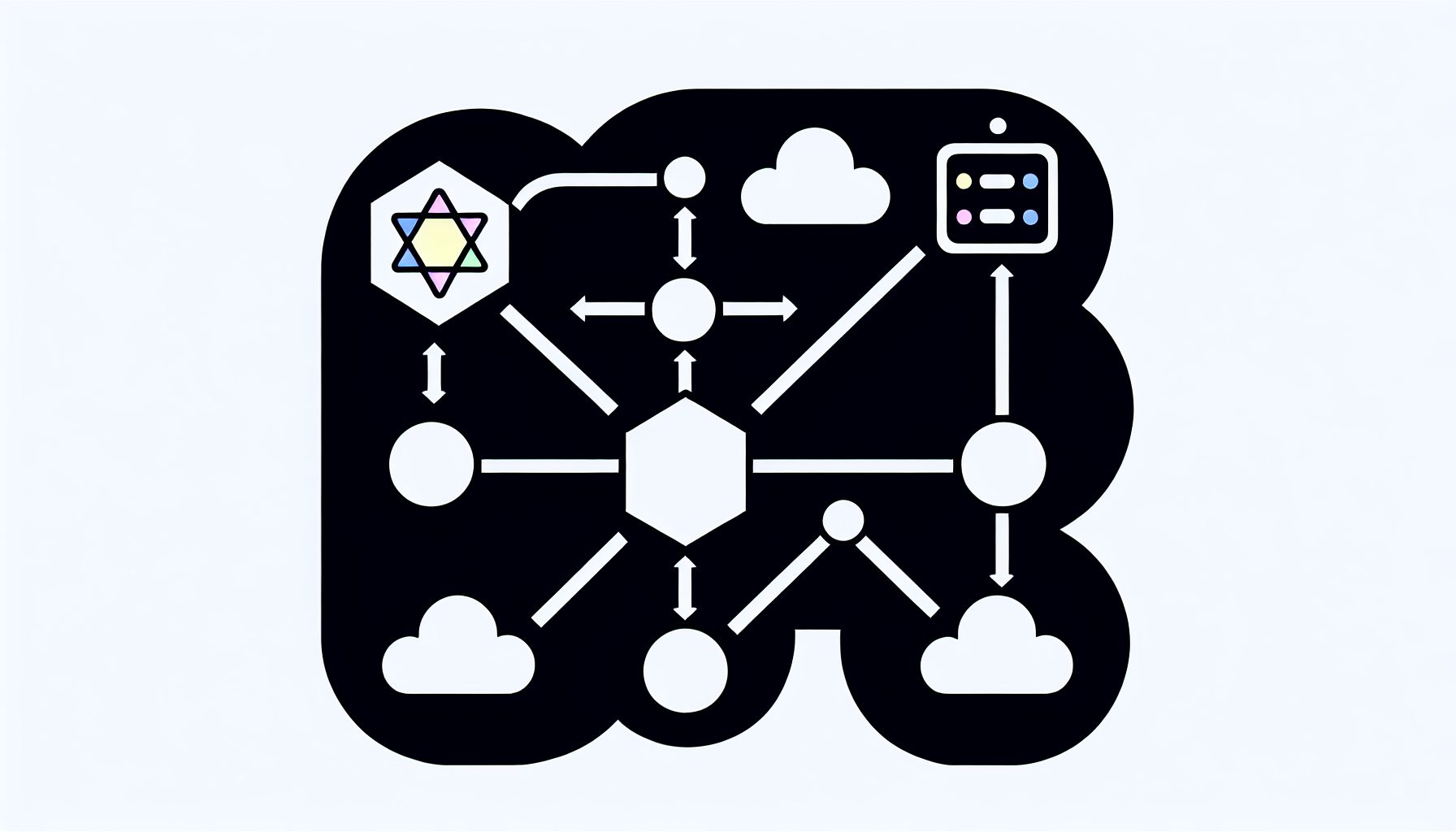 Minimalist vector illustration of a modular SaaS web app with connected React, Node.js, and PWA modules.