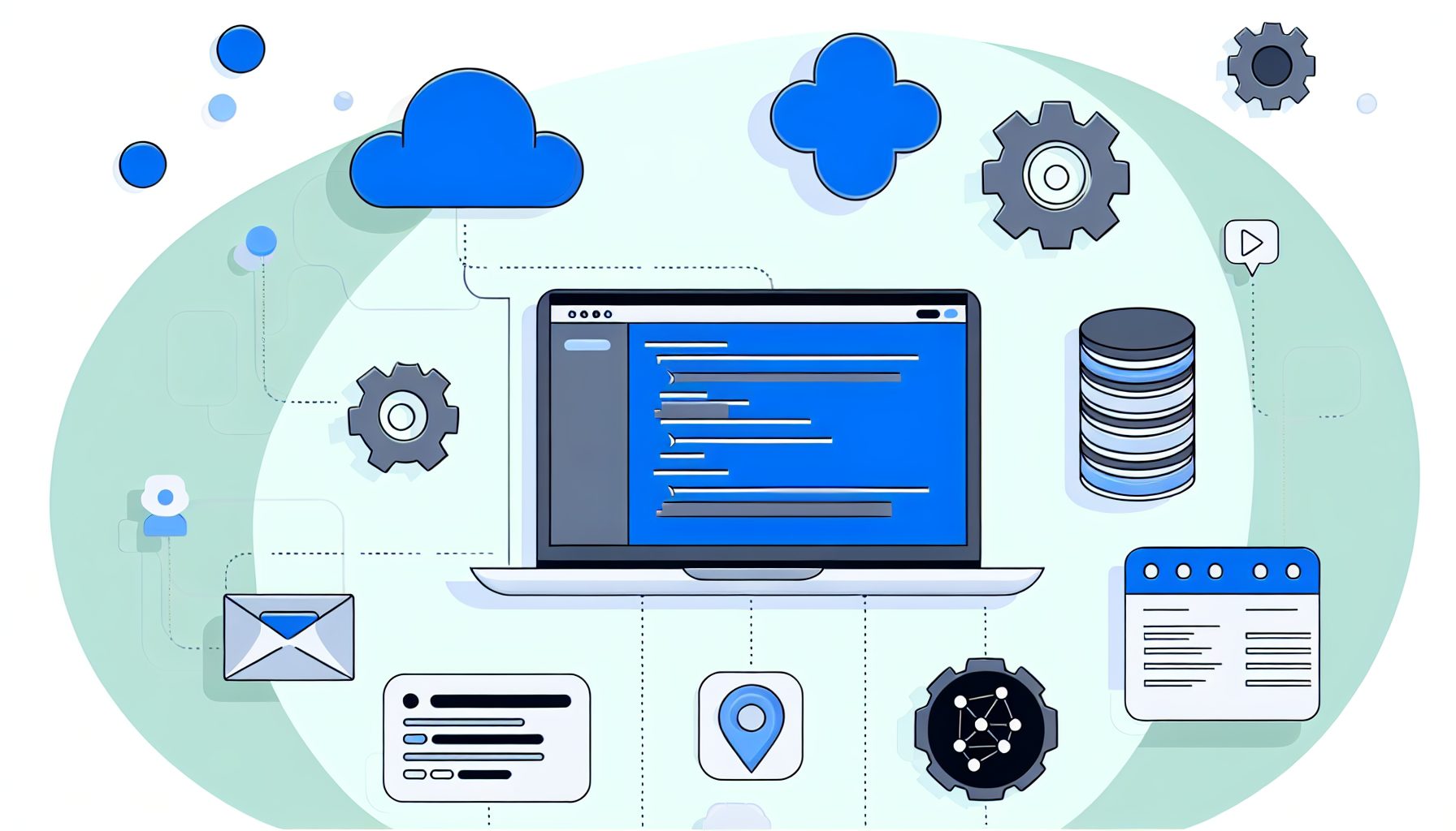 Vector illustration of a laptop, cloud, gears, and database icons for an offline-first SaaS app.