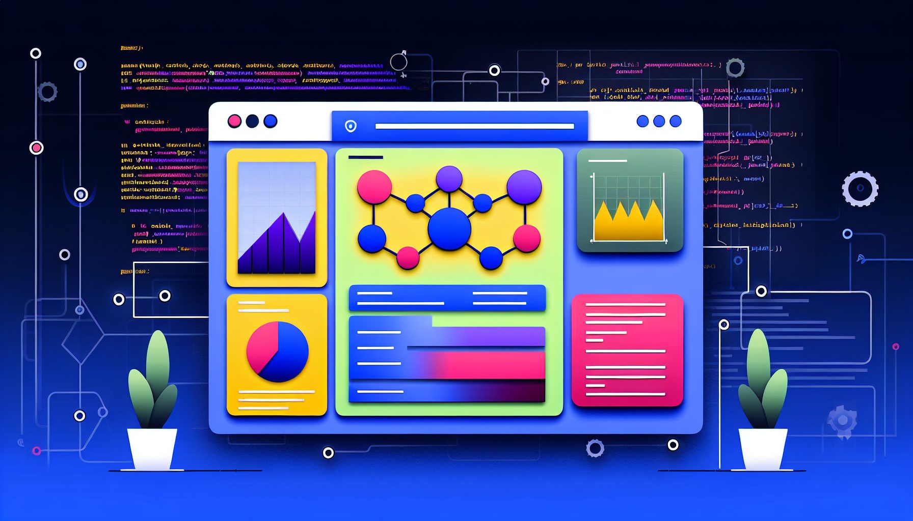 Minimalist PWA dashboard with colorful UI components and subtle coding elements.