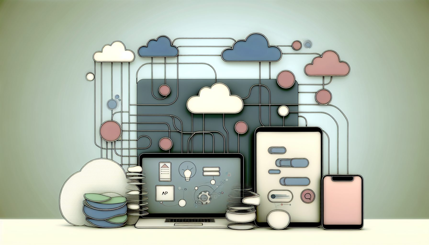 Minimalist illustration of a scalable PWA for SaaS, featuring connected devices and offline icons.