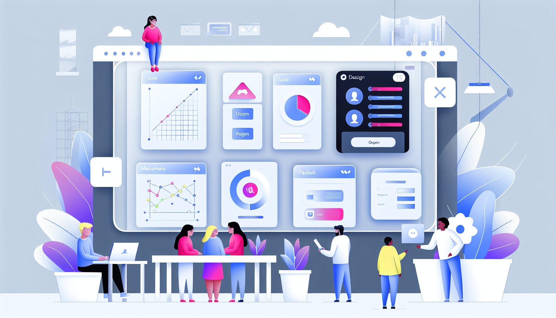 Minimalist vector illustration of a modern SaaS admin panel with user management and data widgets.