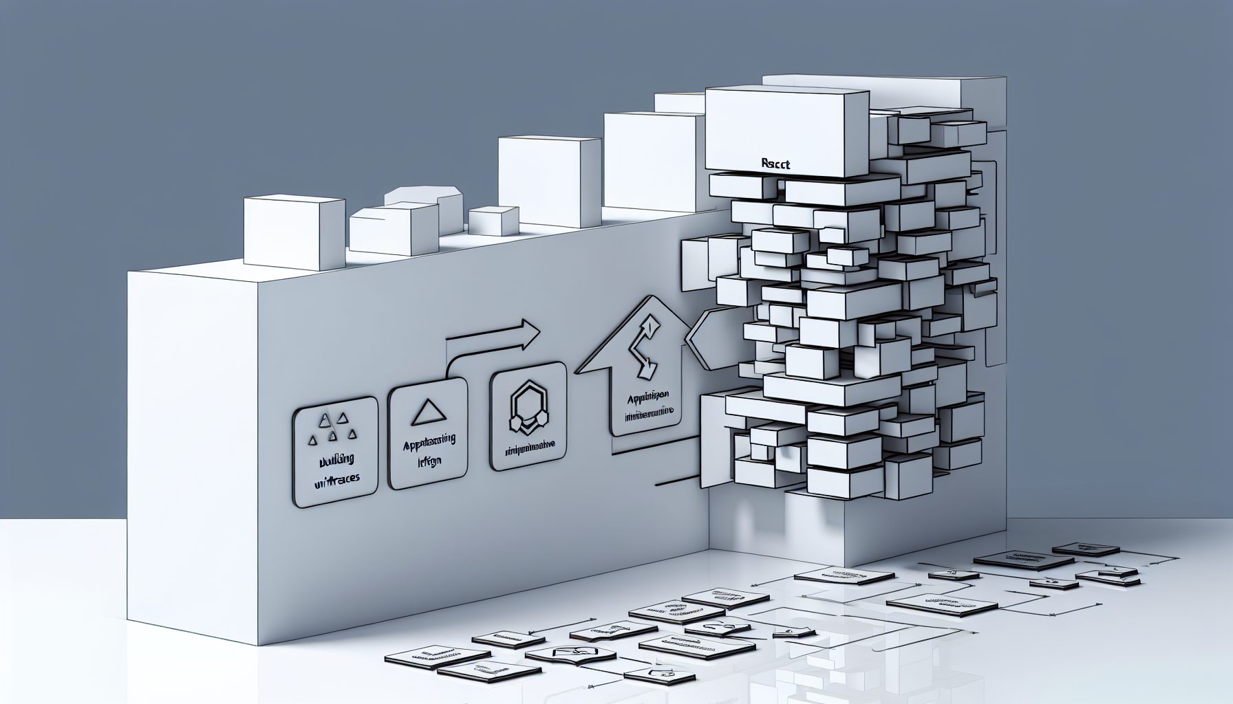 Illustration of a monolithic structure transforming into flexible, modular architecture with tech icons.