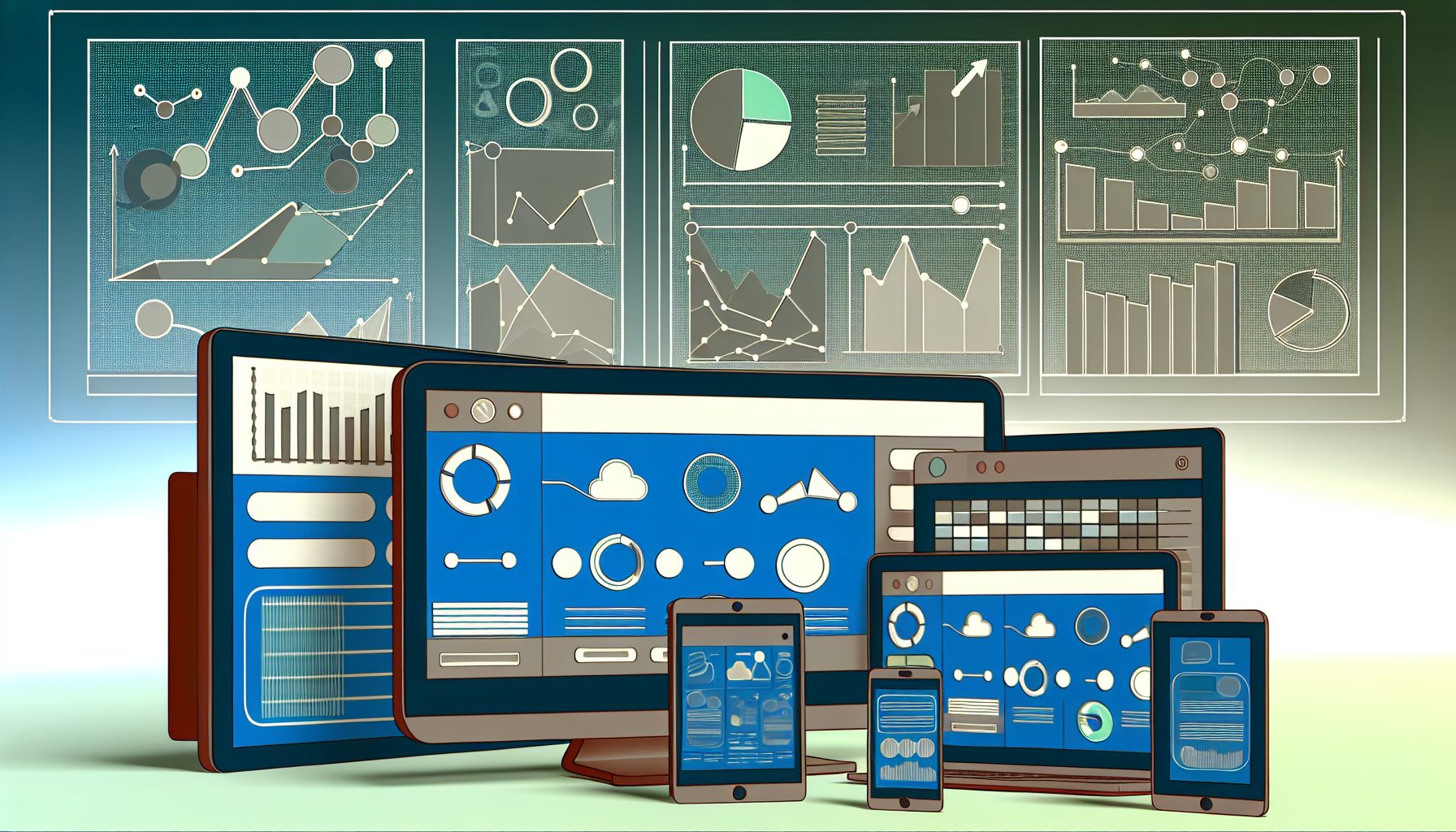 Minimalist vector of a SaaS dashboard featuring data graphs on multiple devices.