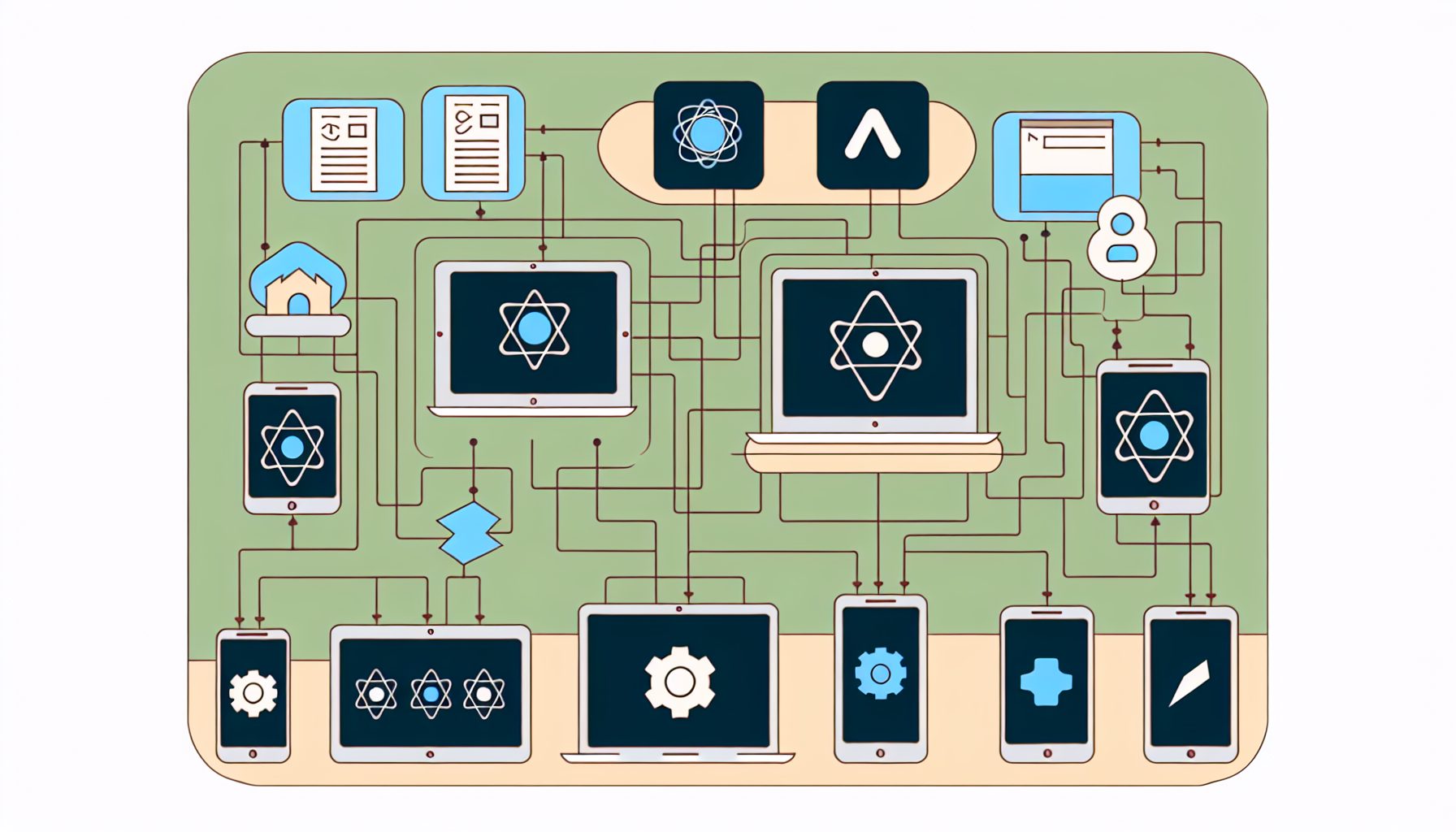 Minimalist vector illustration of scalable architecture for a Progressive Web App (PWA) featuring React, Node.js.