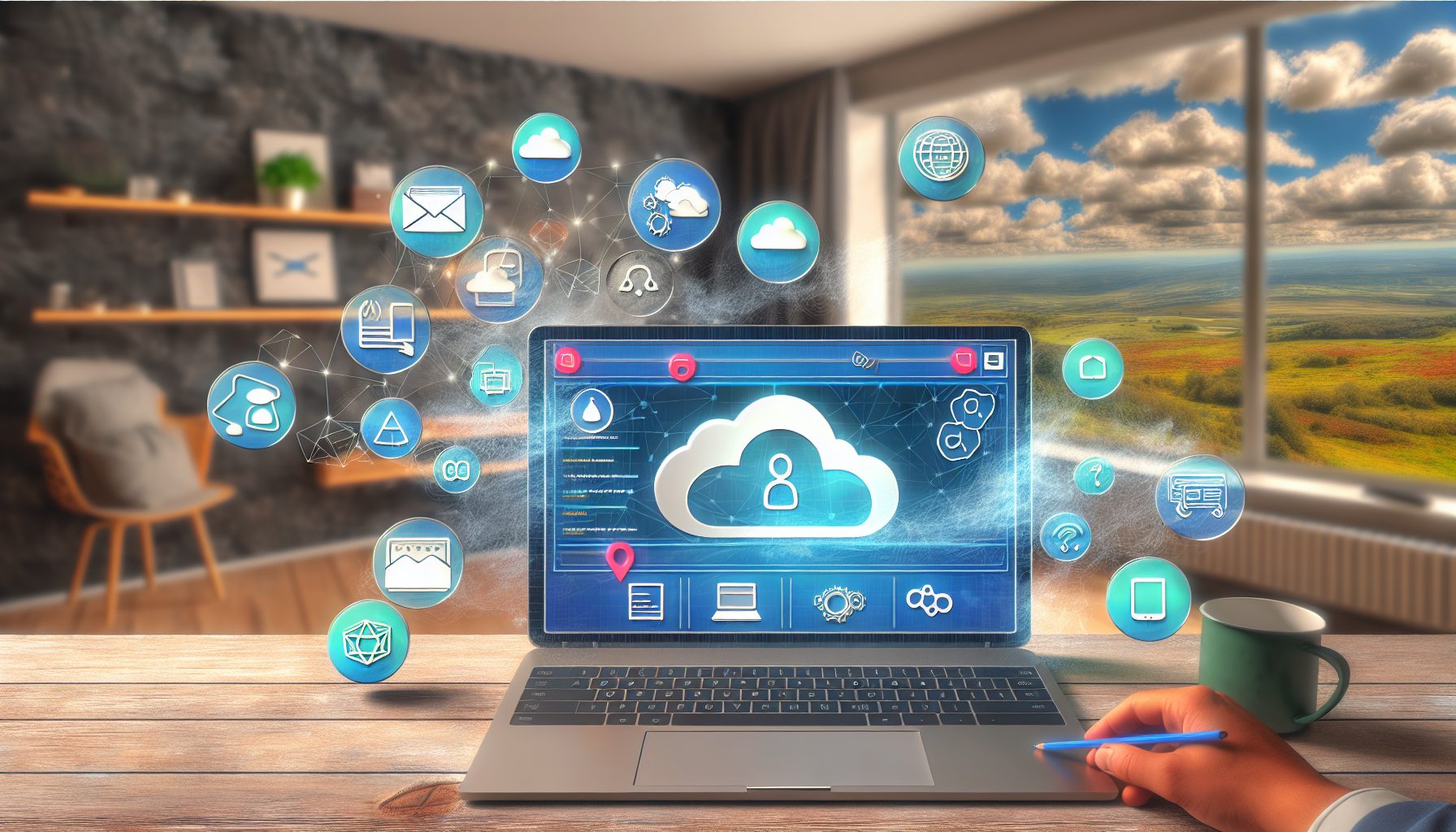 A laptop displays a SaaS app in a cozy home office, surrounded by digital connectivity elements.