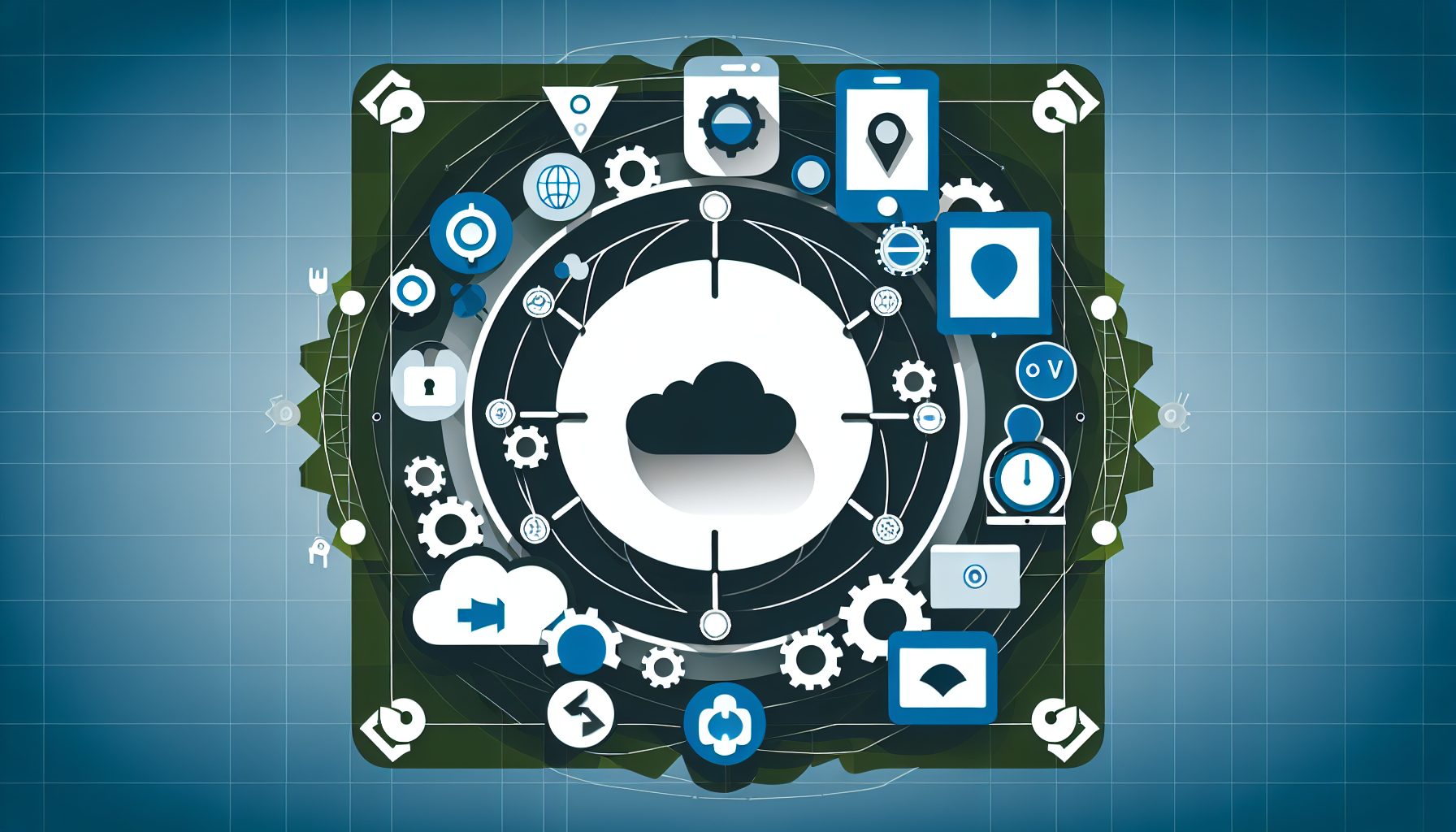 Minimalist vector of scalable PWA architecture with web app, devices, cloud, and performance symbols.