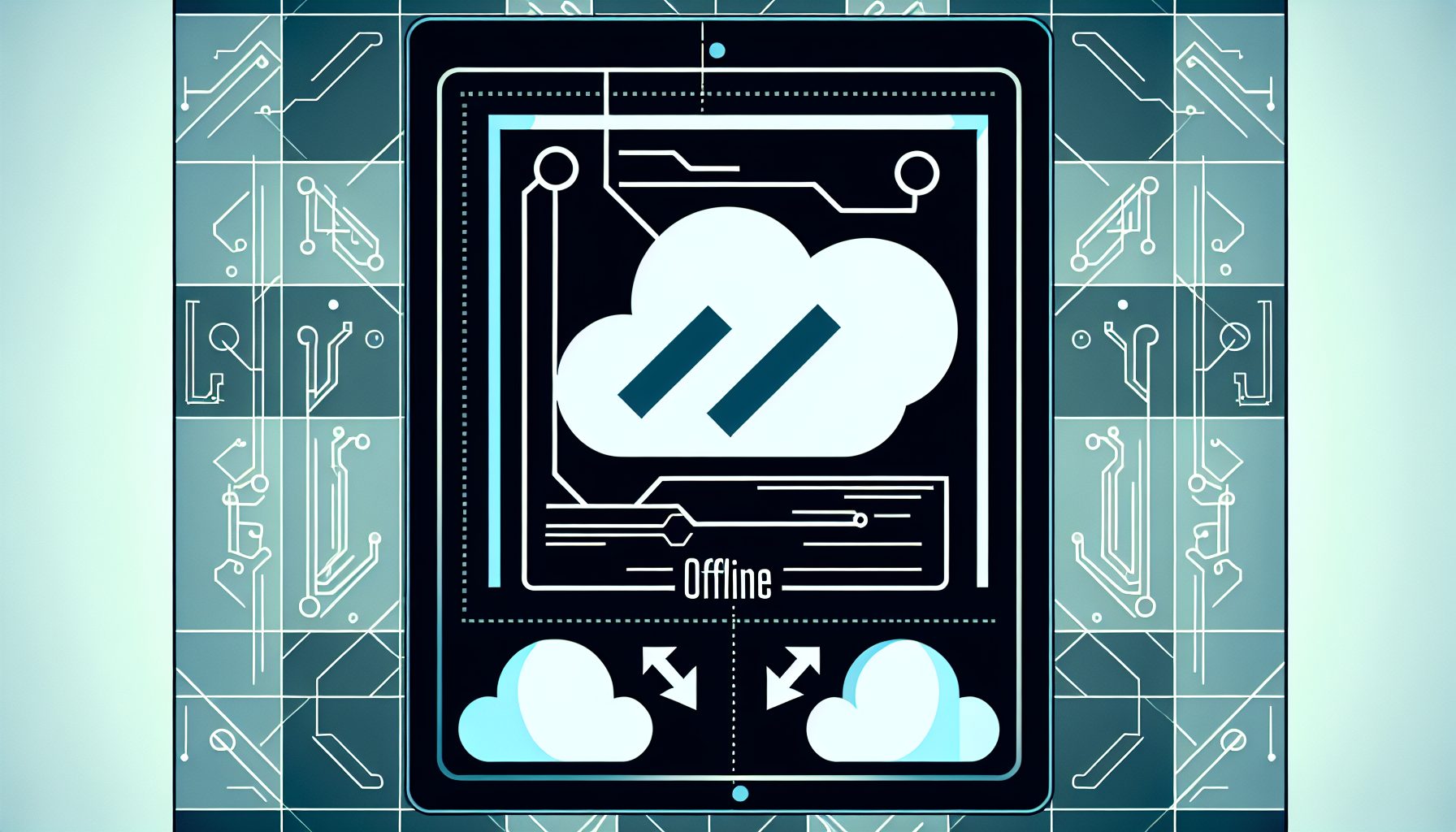 Futuristic admin console on a tablet, with abstract offline and sync symbols in a tech backdrop.