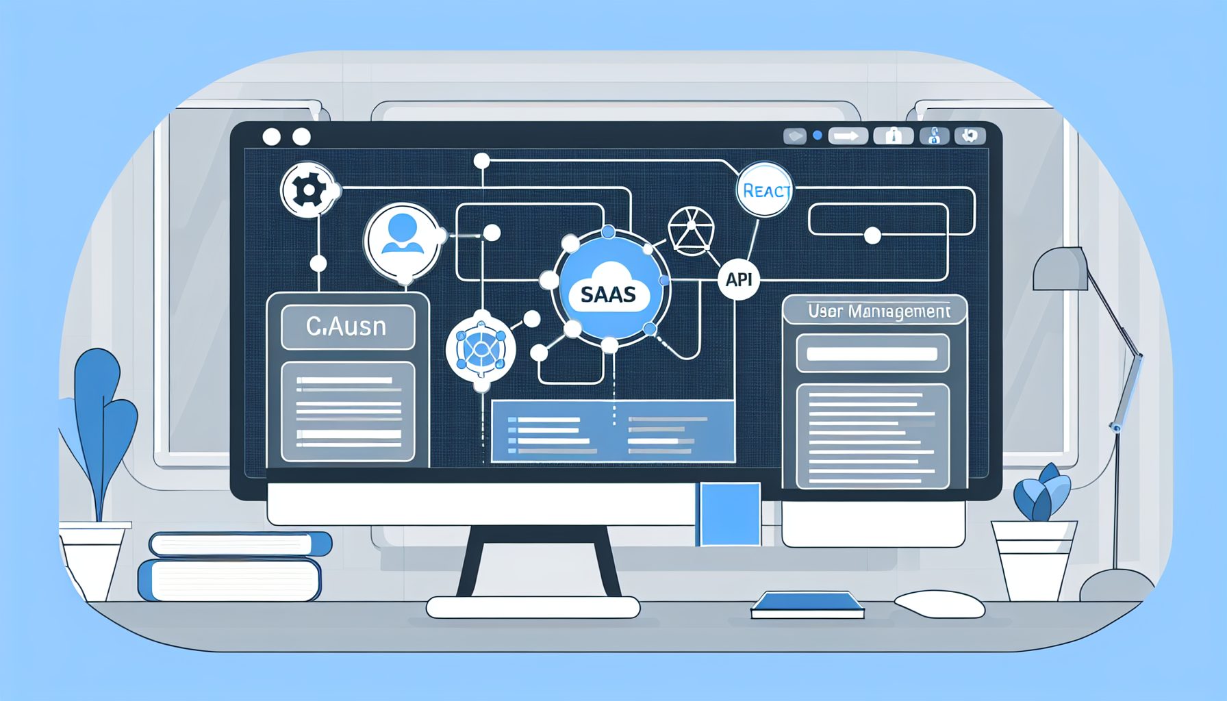Minimalist vector of a SaaS admin portal interface with user management and API icons.