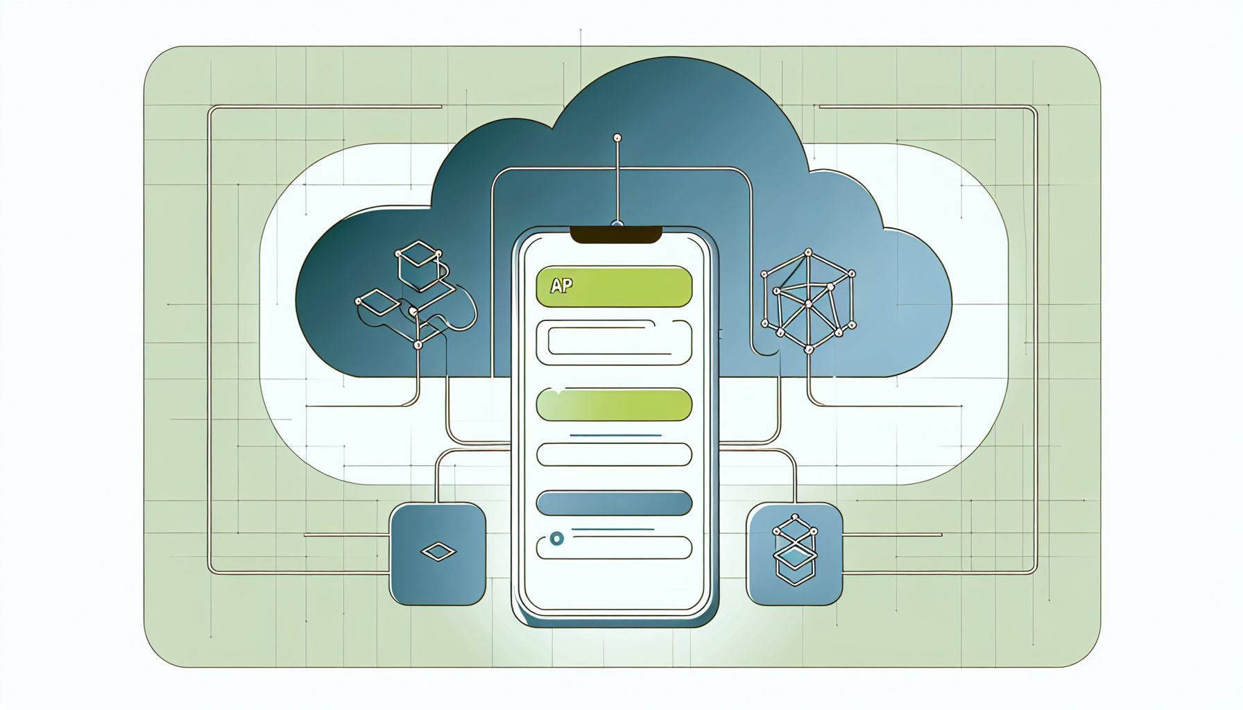 Minimalist illustration of a scalable web app with PWA capabilities on a mobile device and cloud.