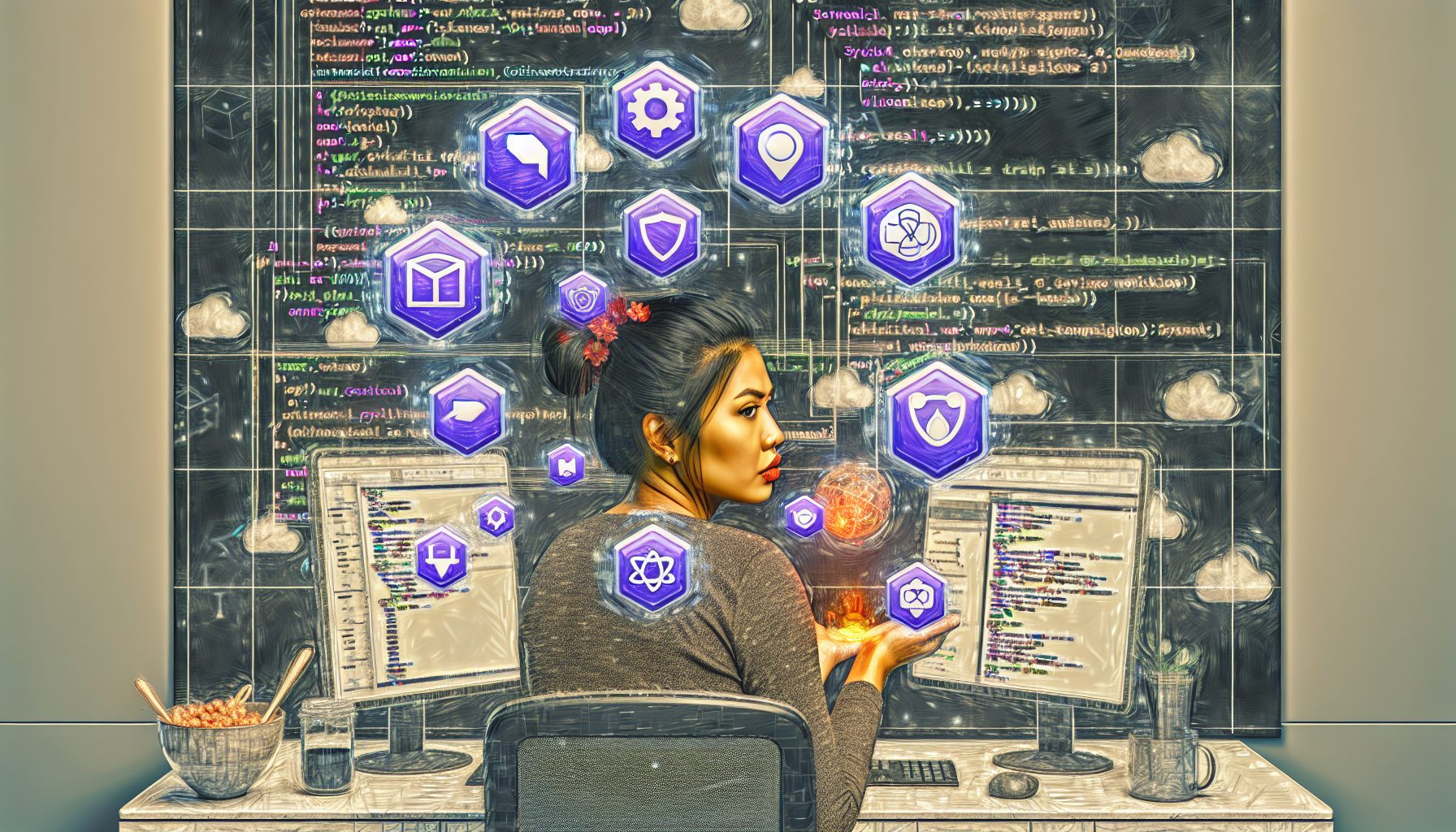 Developer coding a PWA with React and Node.js at a modern workspace, surrounded by code and design.